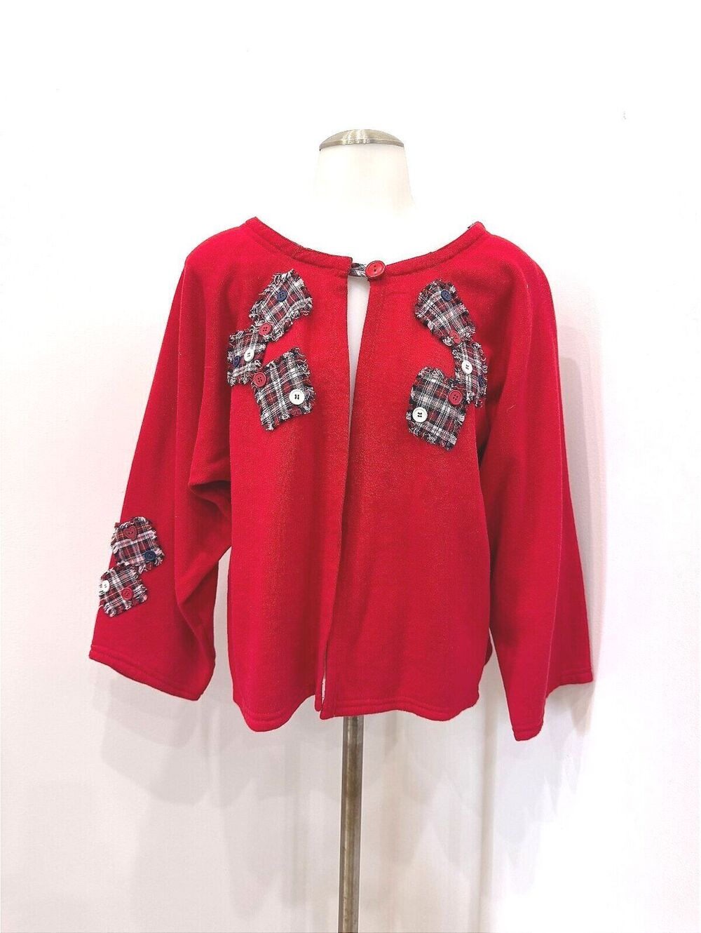 Vintage Red Cardigan with Plaid Patchwork and Button Detail